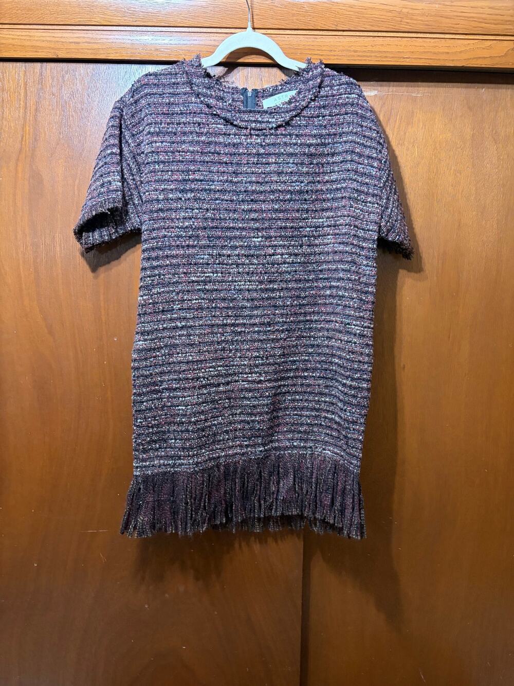 ASTR the Label Women's M Tweed Fringe Hem Mini Dress Short Sleeve Textured